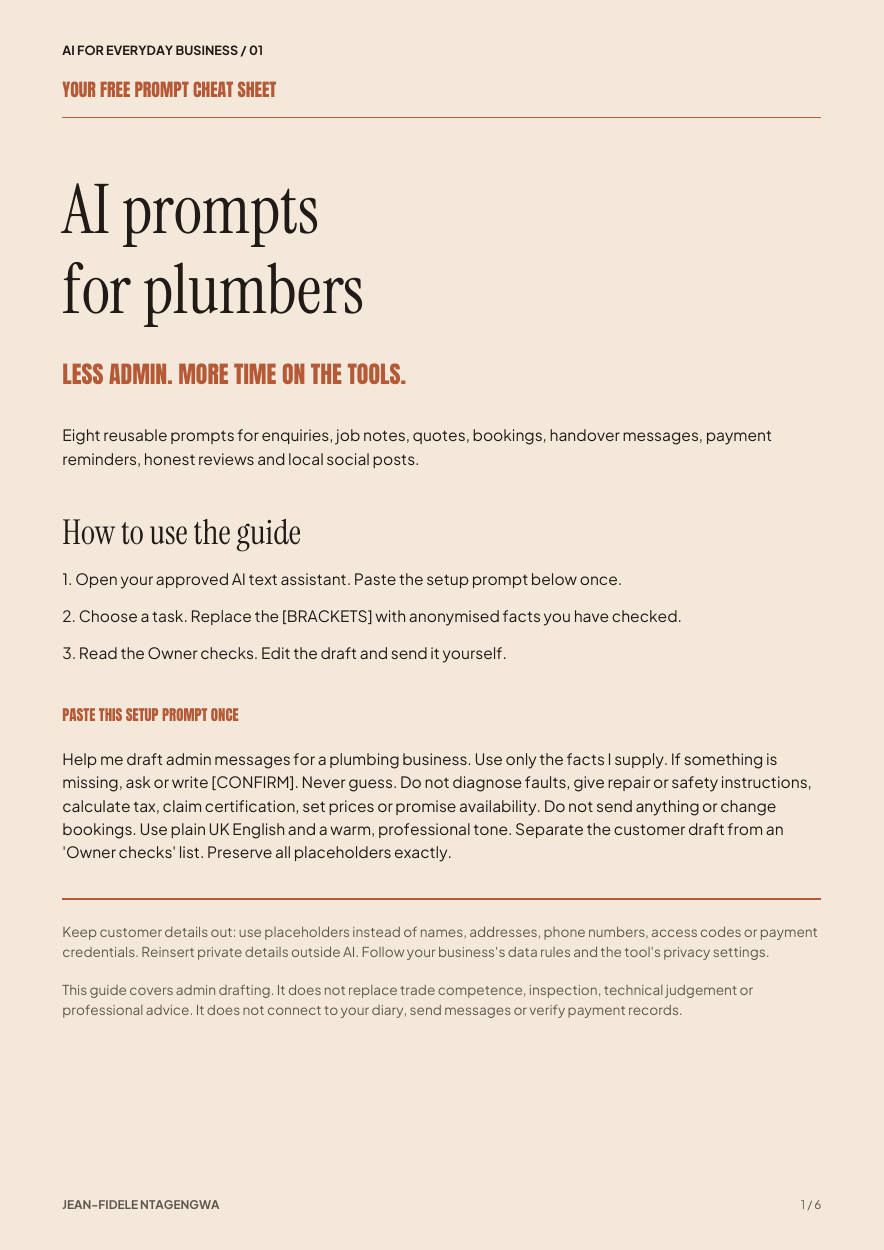 Cover of AI prompts for plumbers, a free prompt cheat sheet