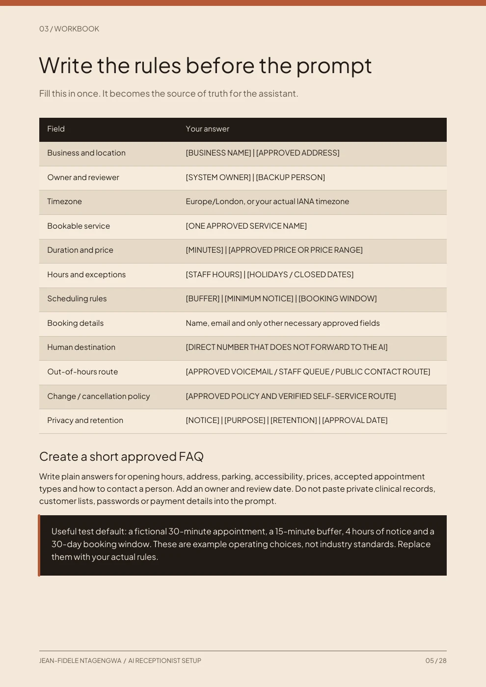 Page 5: the business-rules workbook with fields for services, hours, booking rules and human handover